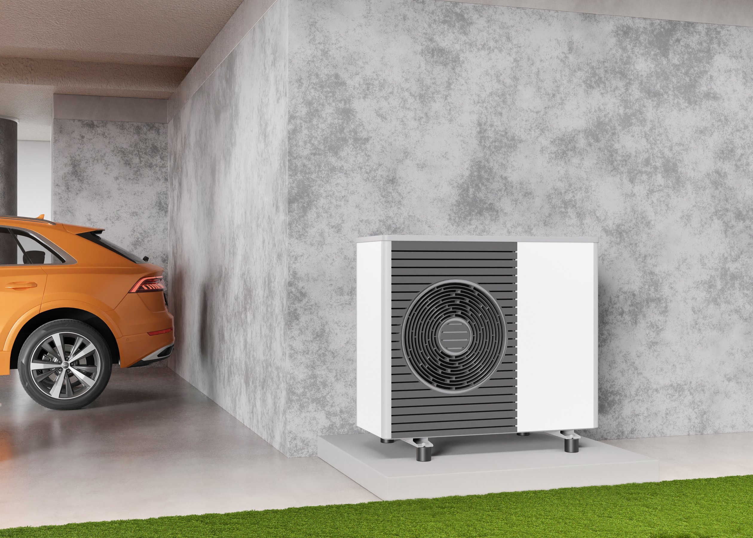 Air Heat Pump Standing Outdoors. Modern, Environmentally Friendly Heating. save Your Money with Air Pump. Air Source Heat Pumps Are Efficient and Renewable Source of Energy. 3D Rendering.